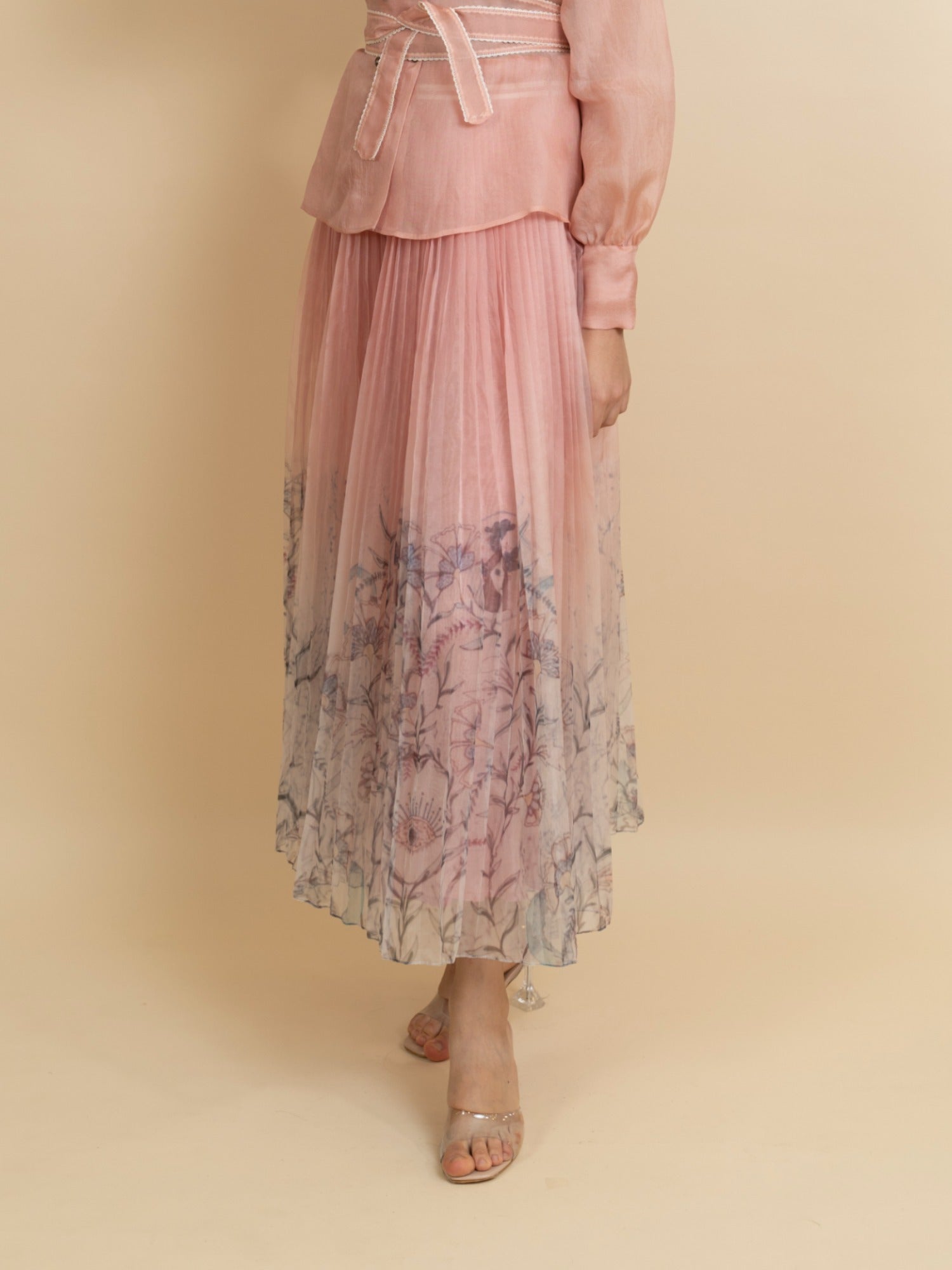 Print pleated ombre organza skirt. (Rose gold) image 0