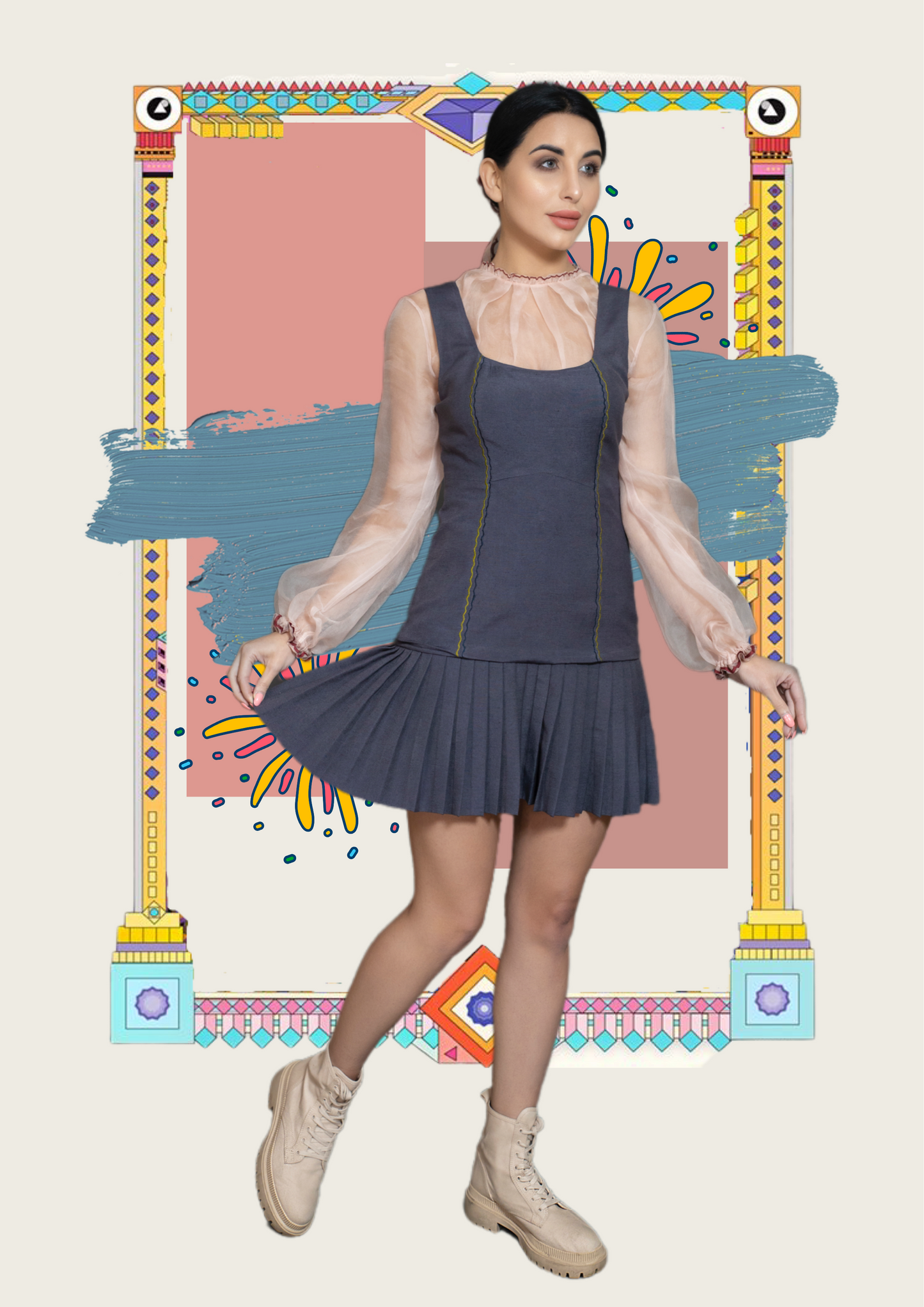 Blue skater pleated dress. image 1