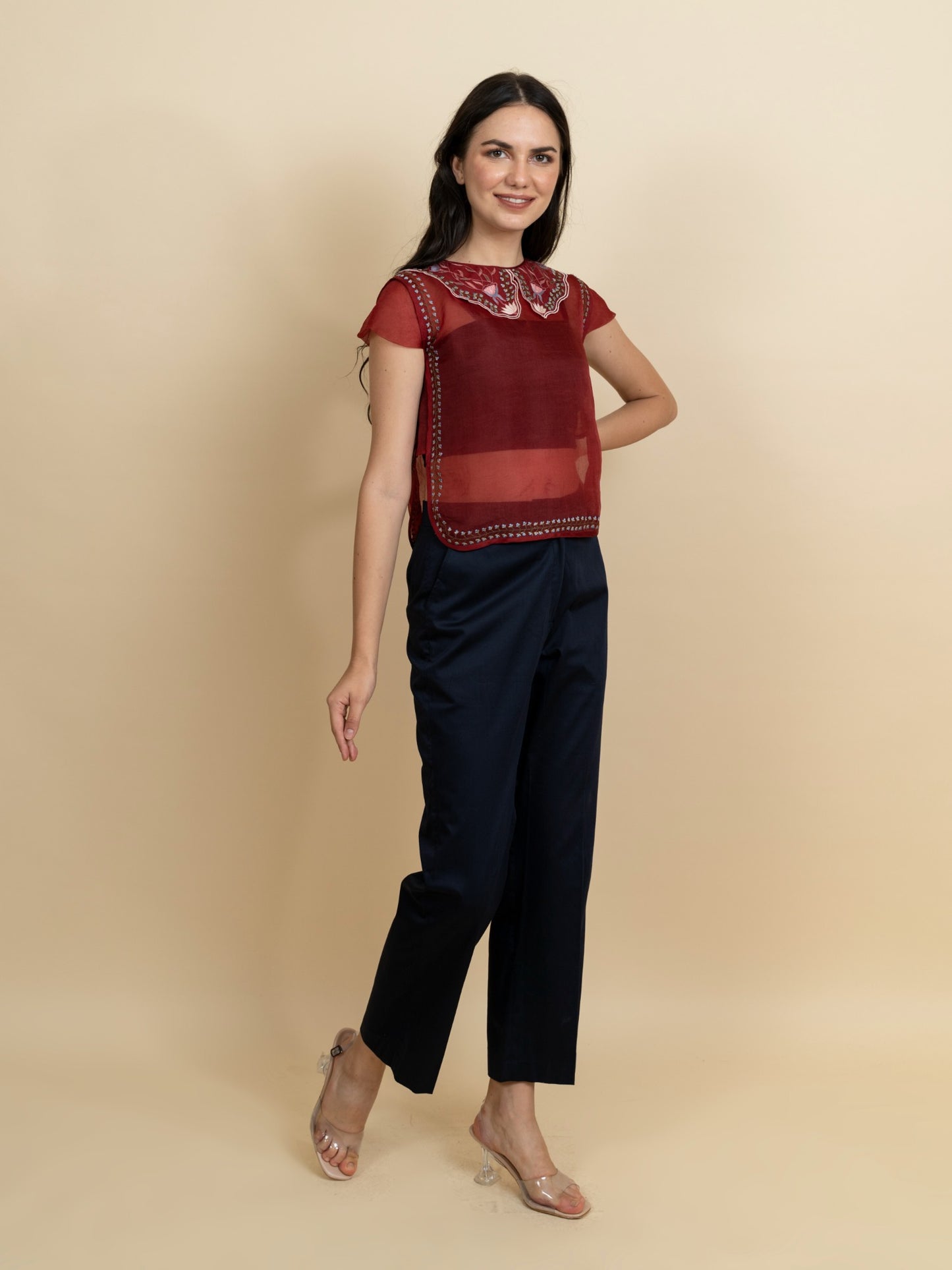 Silk organza embroidered top with pants. (Red) image 2