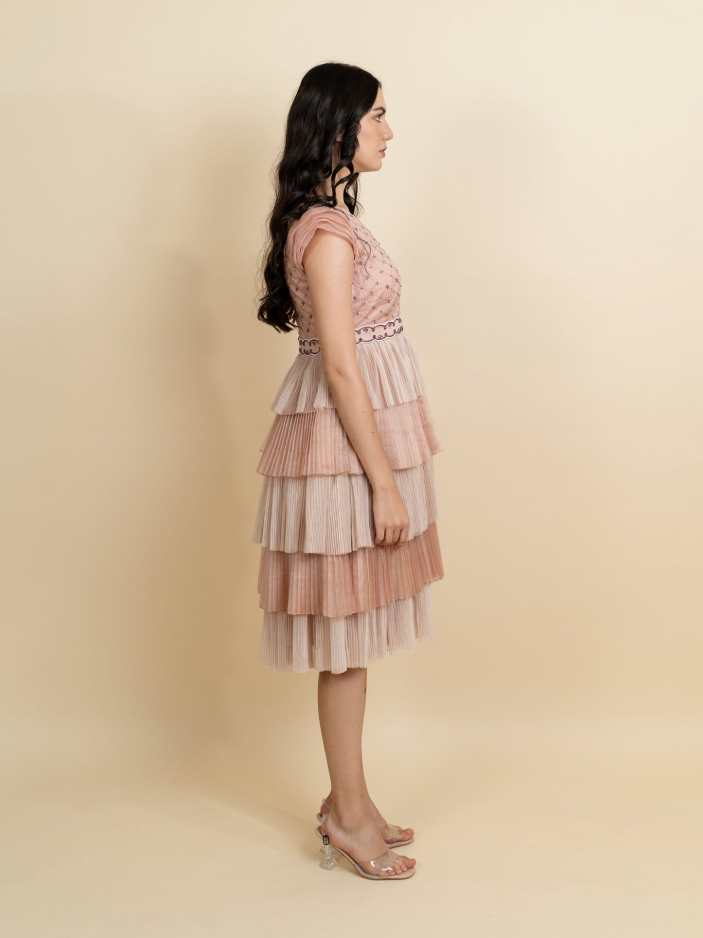 Multi layered pleated dress with fully embroidered bodice. image 2