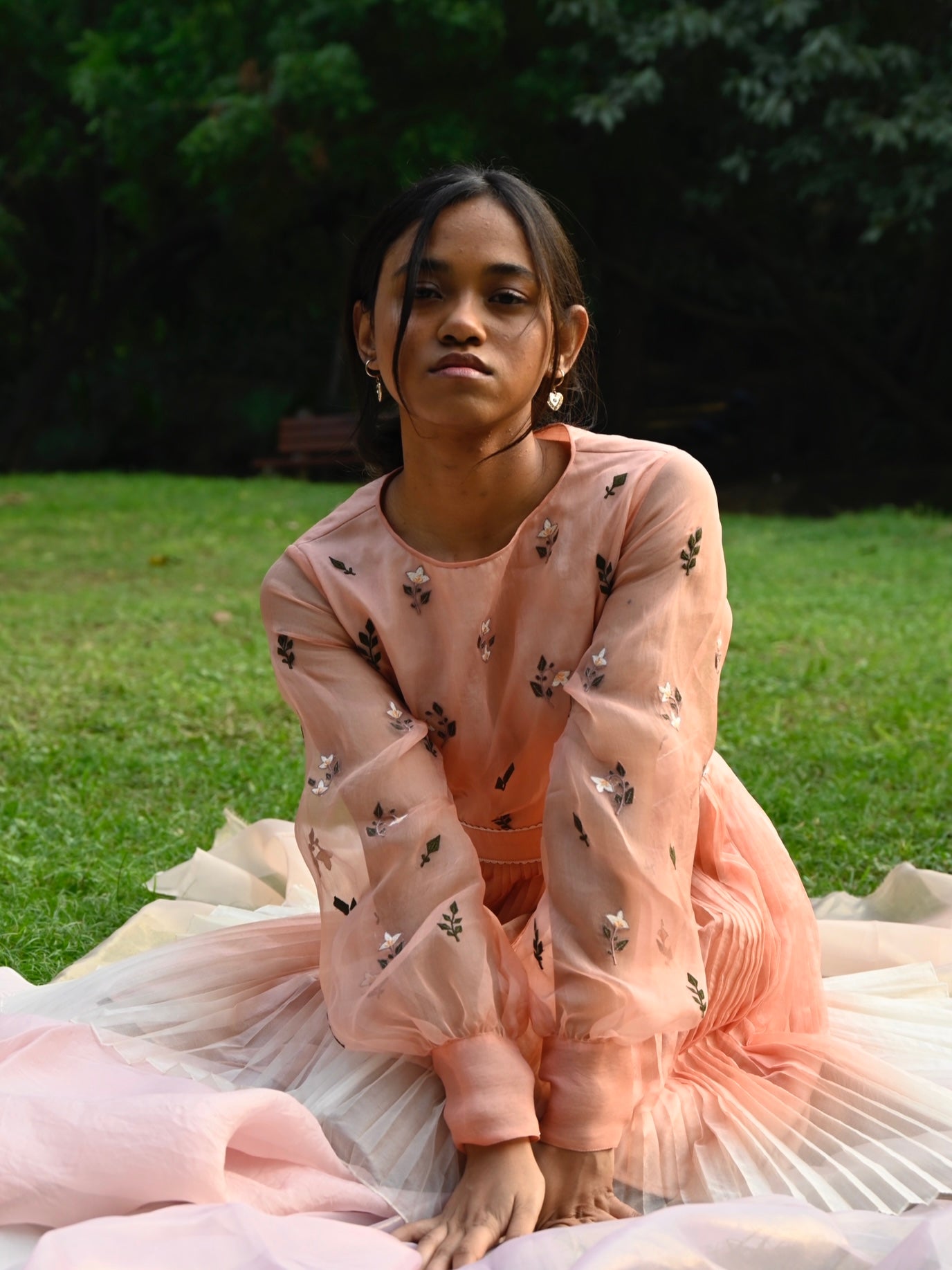 Peach floral embroidered skater dress. image 1
