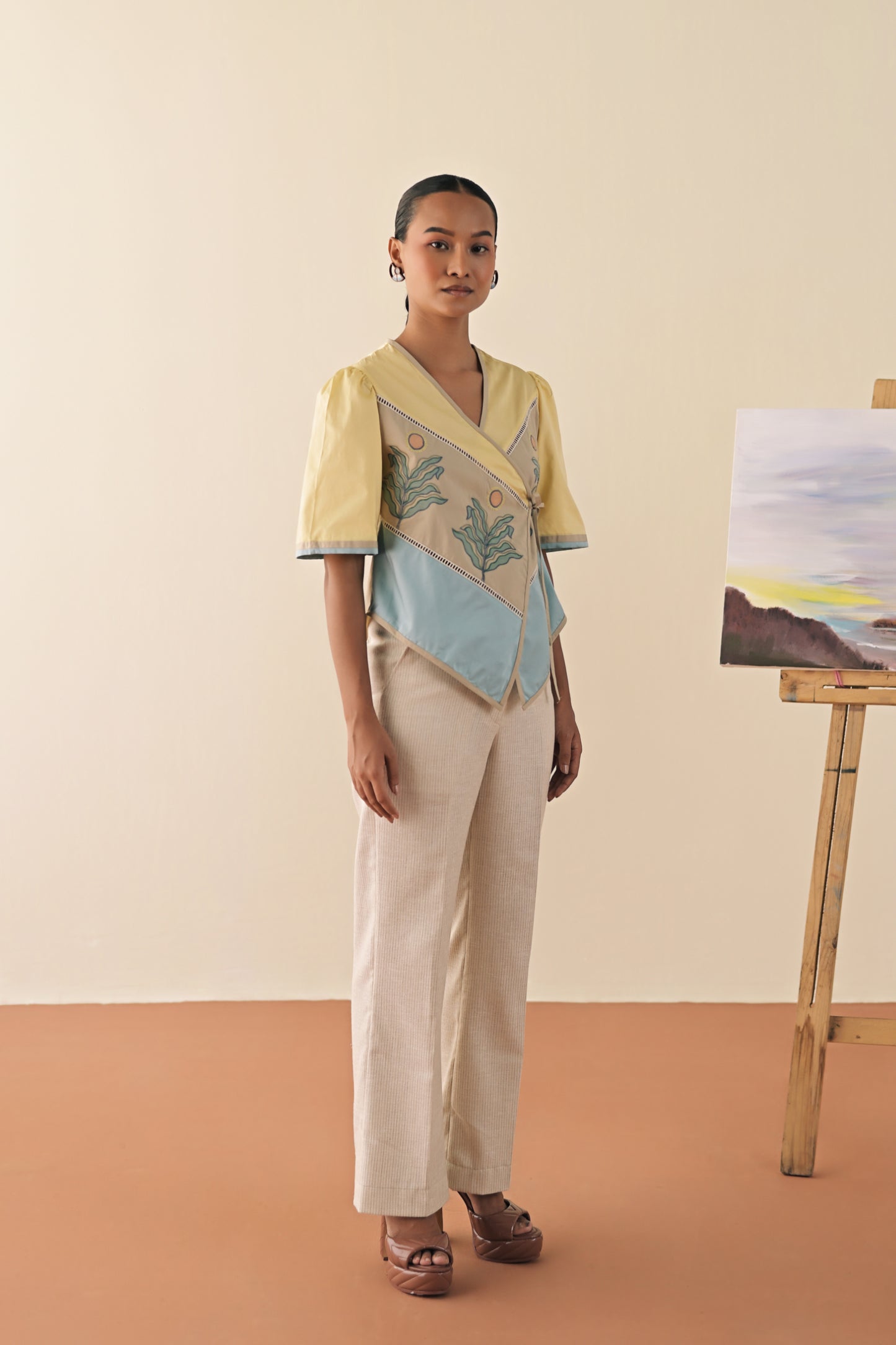 Lime trio top with textured pants image 1