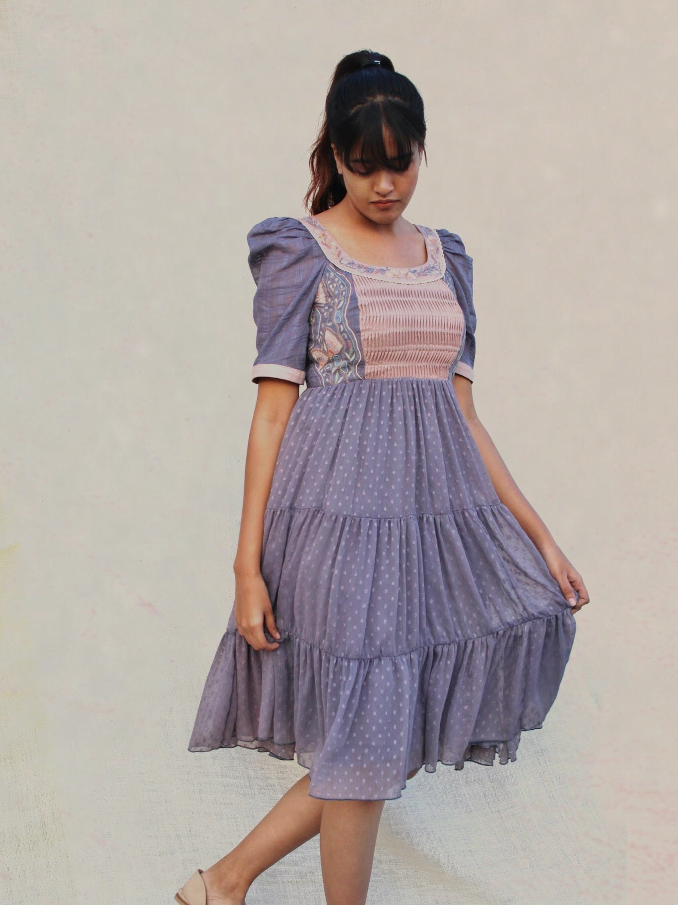 Purple dotted calf length dress image 1