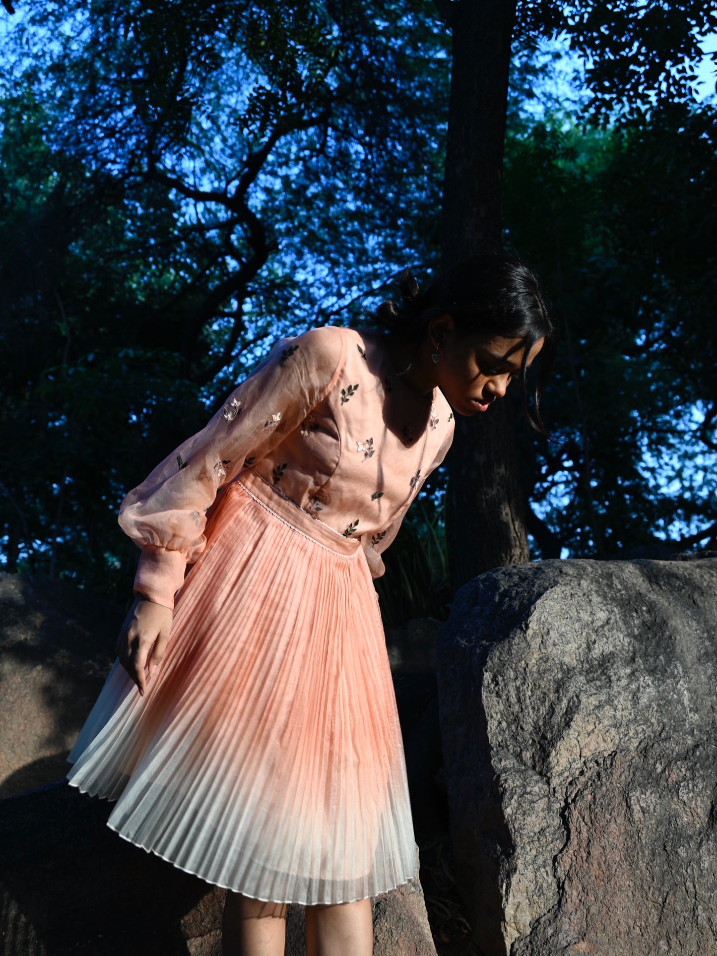 Peach floral embroidered skater dress. image 0