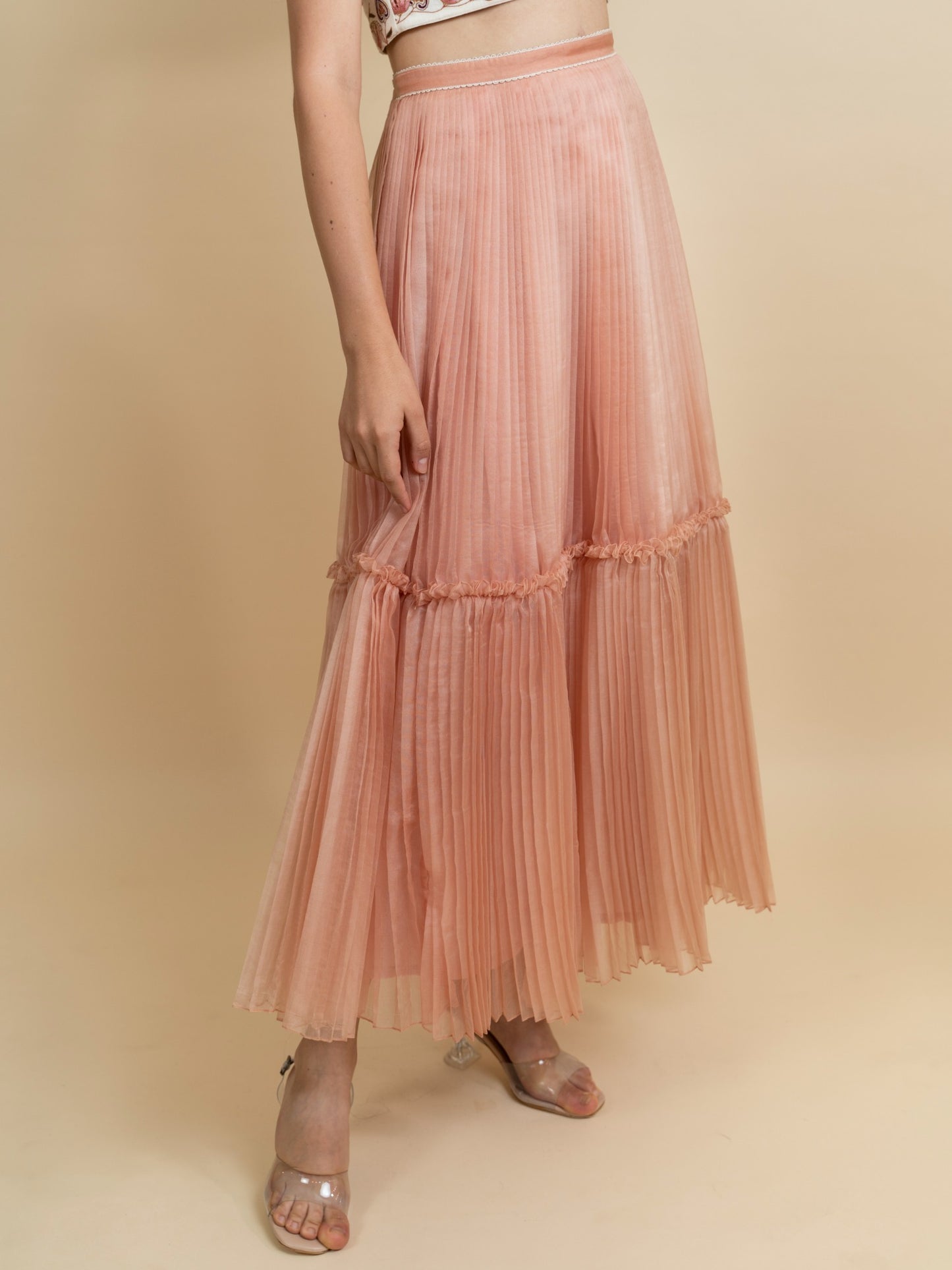 Double layered pleated organza skirt. (Peach) image 0