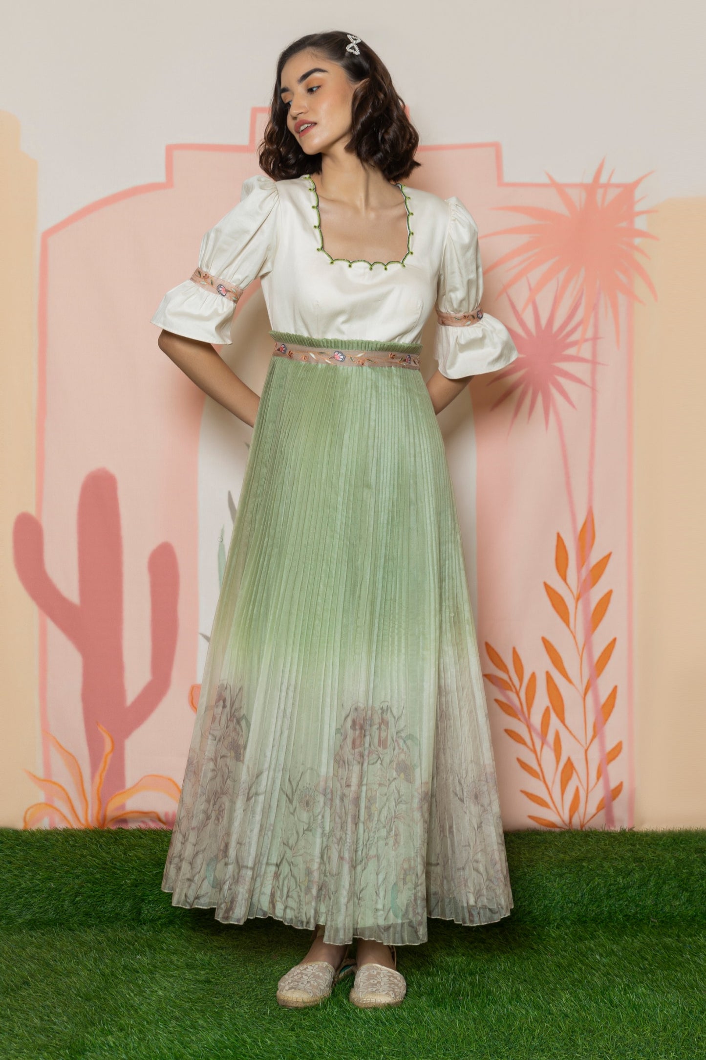 Off-white with green-ombre dress. image 3
