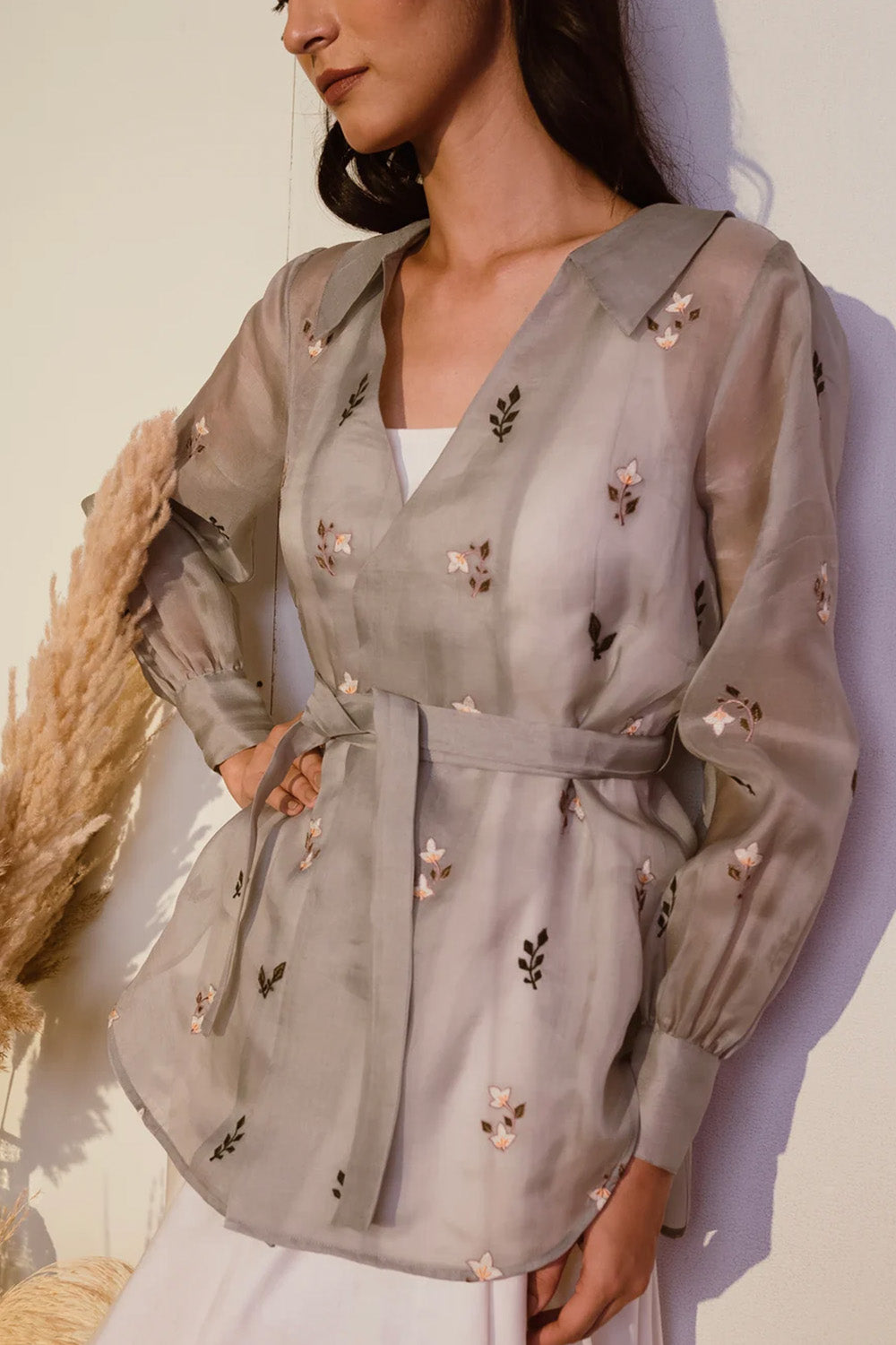 Grey organza shirt with ivory dress