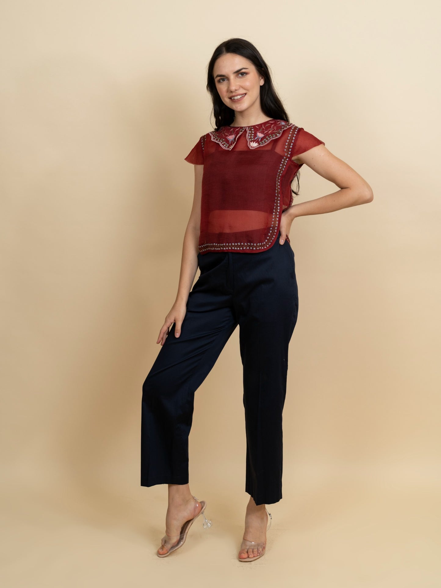 Silk organza embroidered top with pants. (Red) image 1