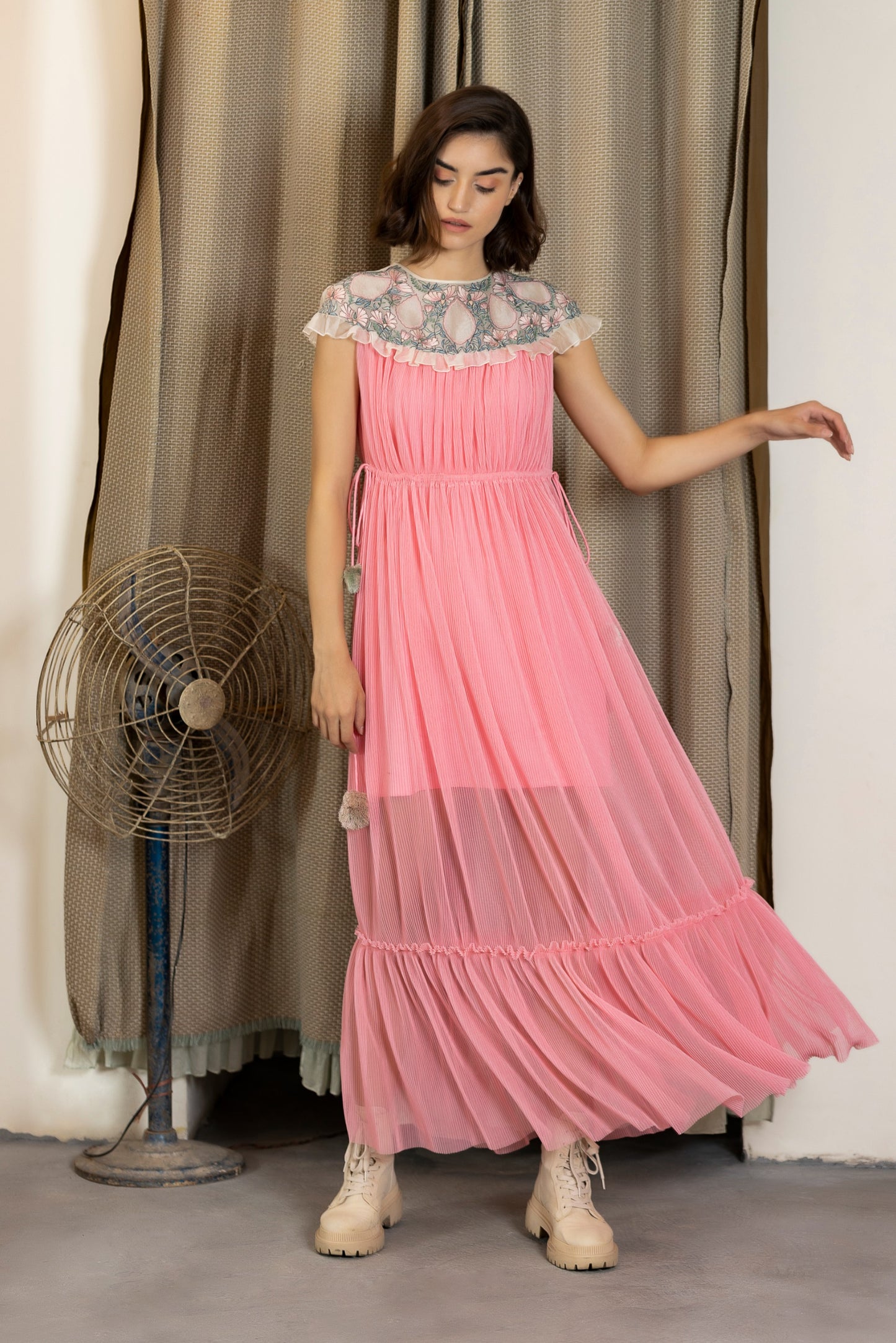 Drop shoulder embroidered full length pink gown. image 1