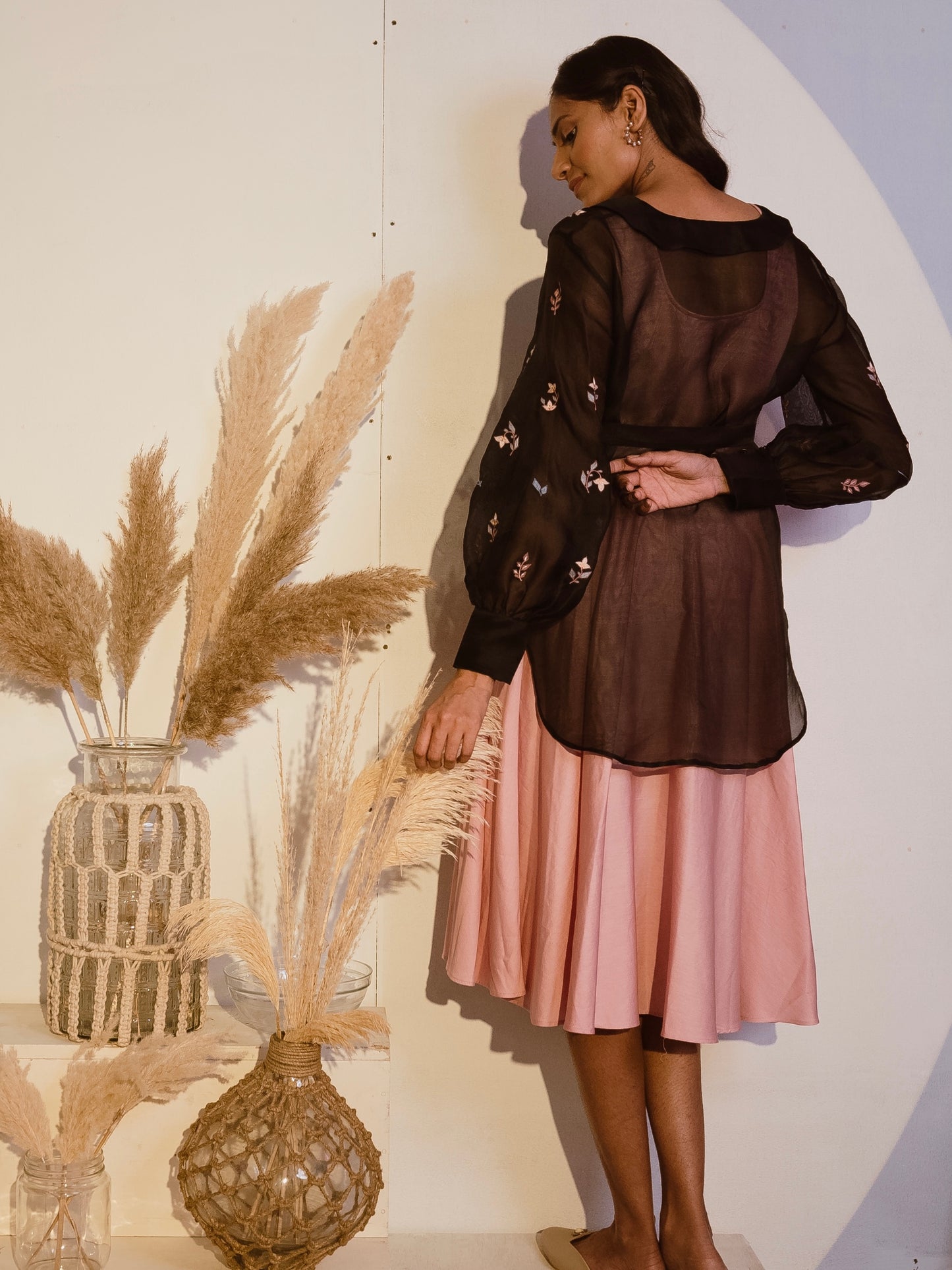 Black organza shirt with pink dress image 3