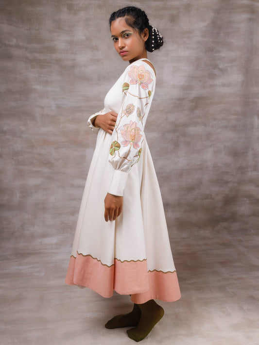 Off white drape dress with embroidered sleeves. image 0