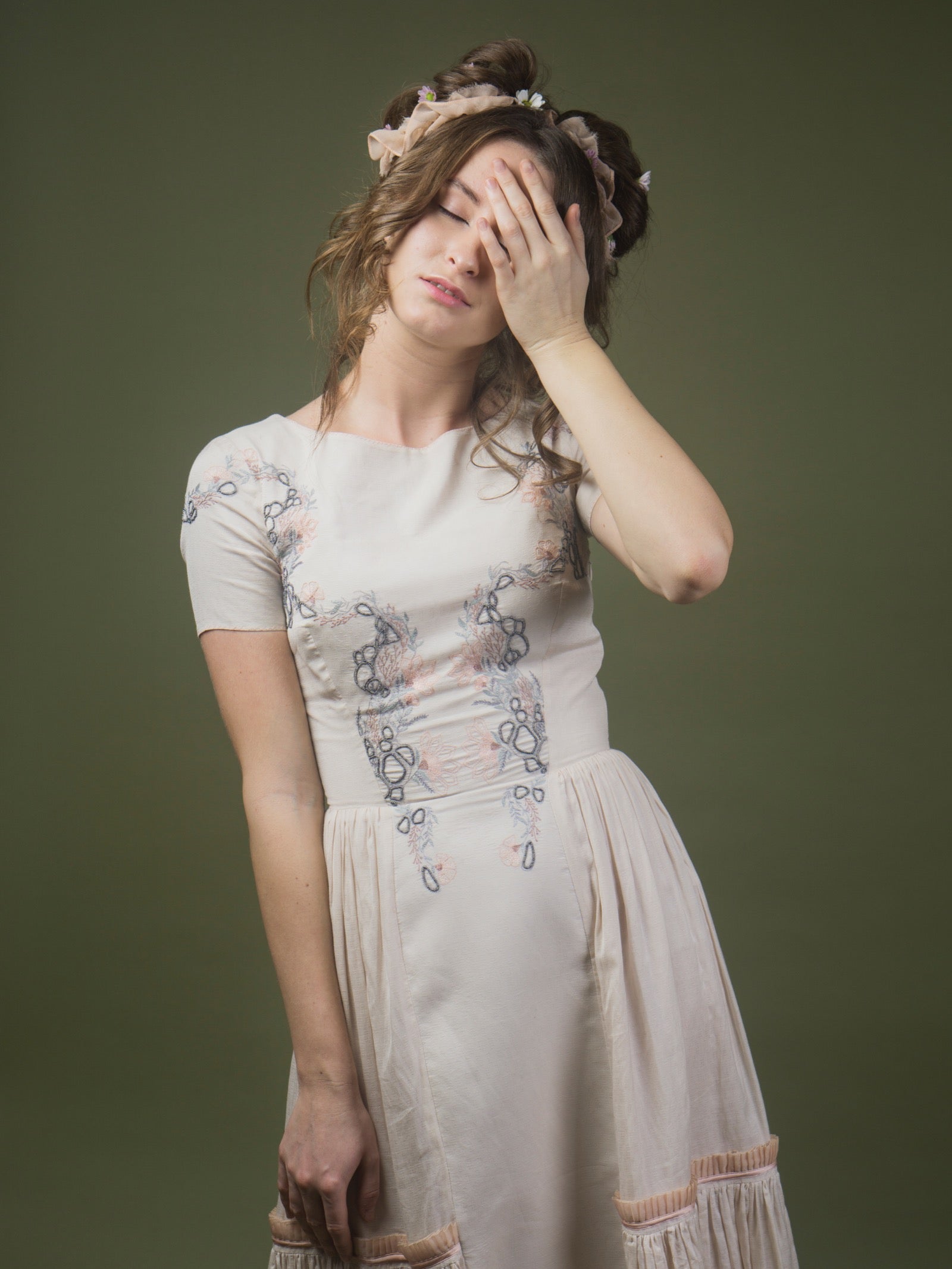 Floral embroidered calf length dress. image 3