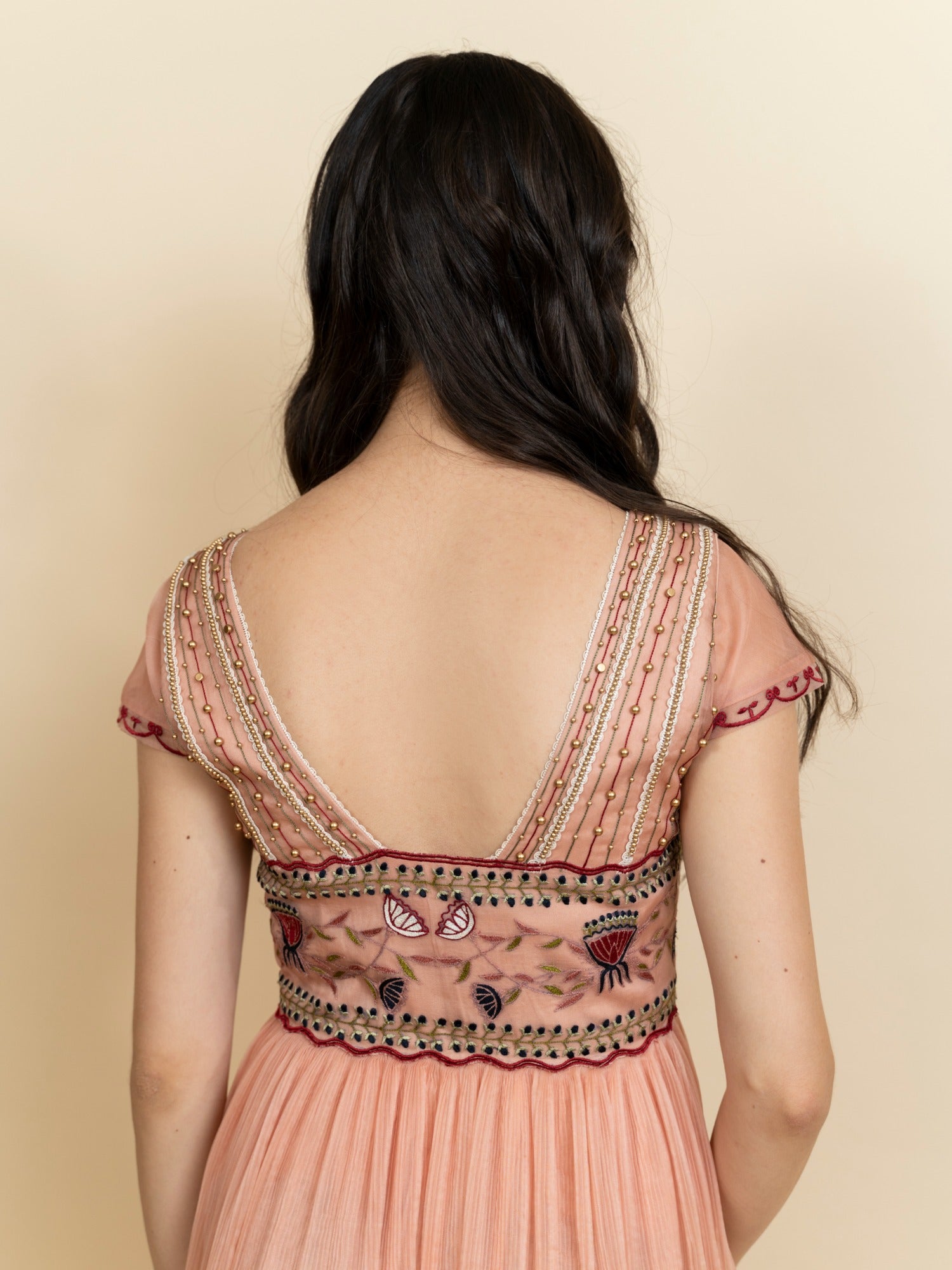Galaxy embroidered 3-layered full length dress. (Peach) image 4