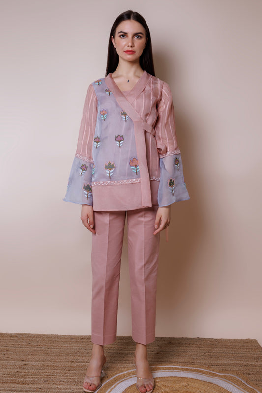 Organza wrap around blazer with inner and pants image 0