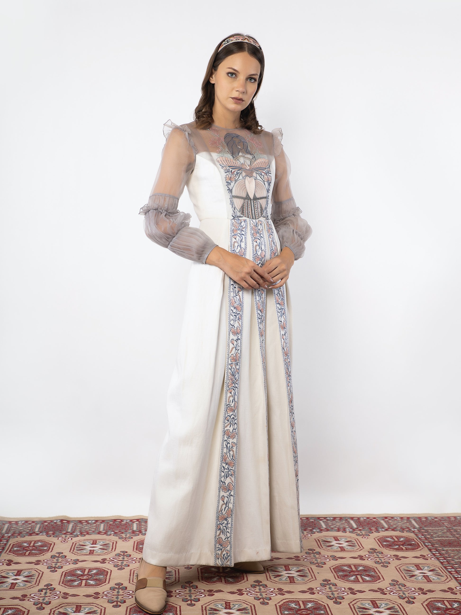 Off white floral embroidered gown. image 3