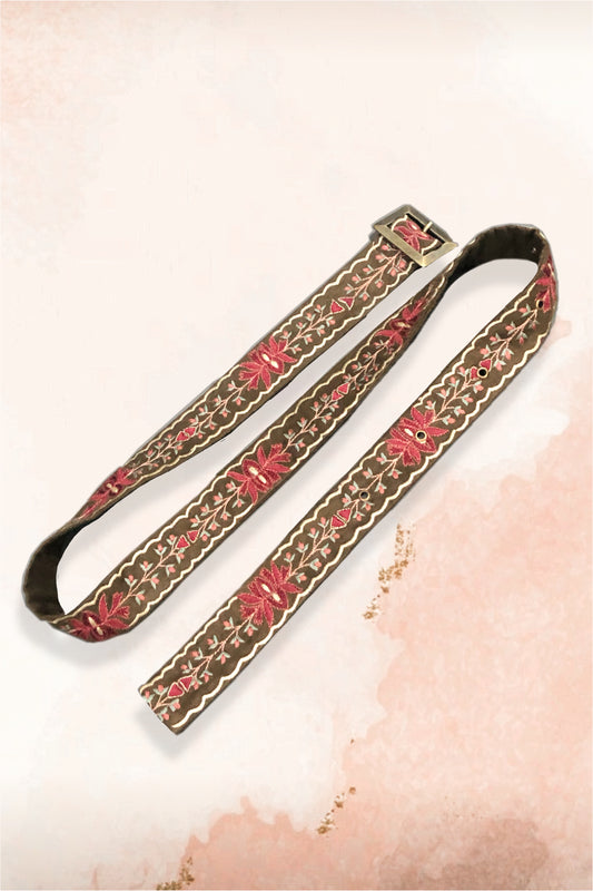 Olive green lotus embroidered belt. image 1