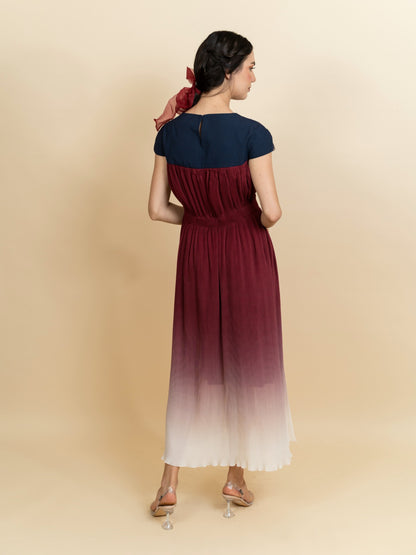 Floral embroidered neckline in a full length dress. (Blue) image 3