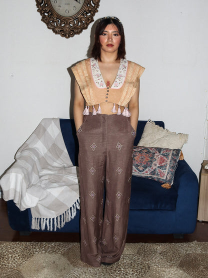 Mustard drape top with embroidered pants image 0