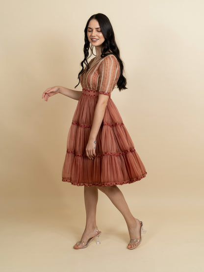 Golden galaxy embroidery in narrow pleated dress. image 1