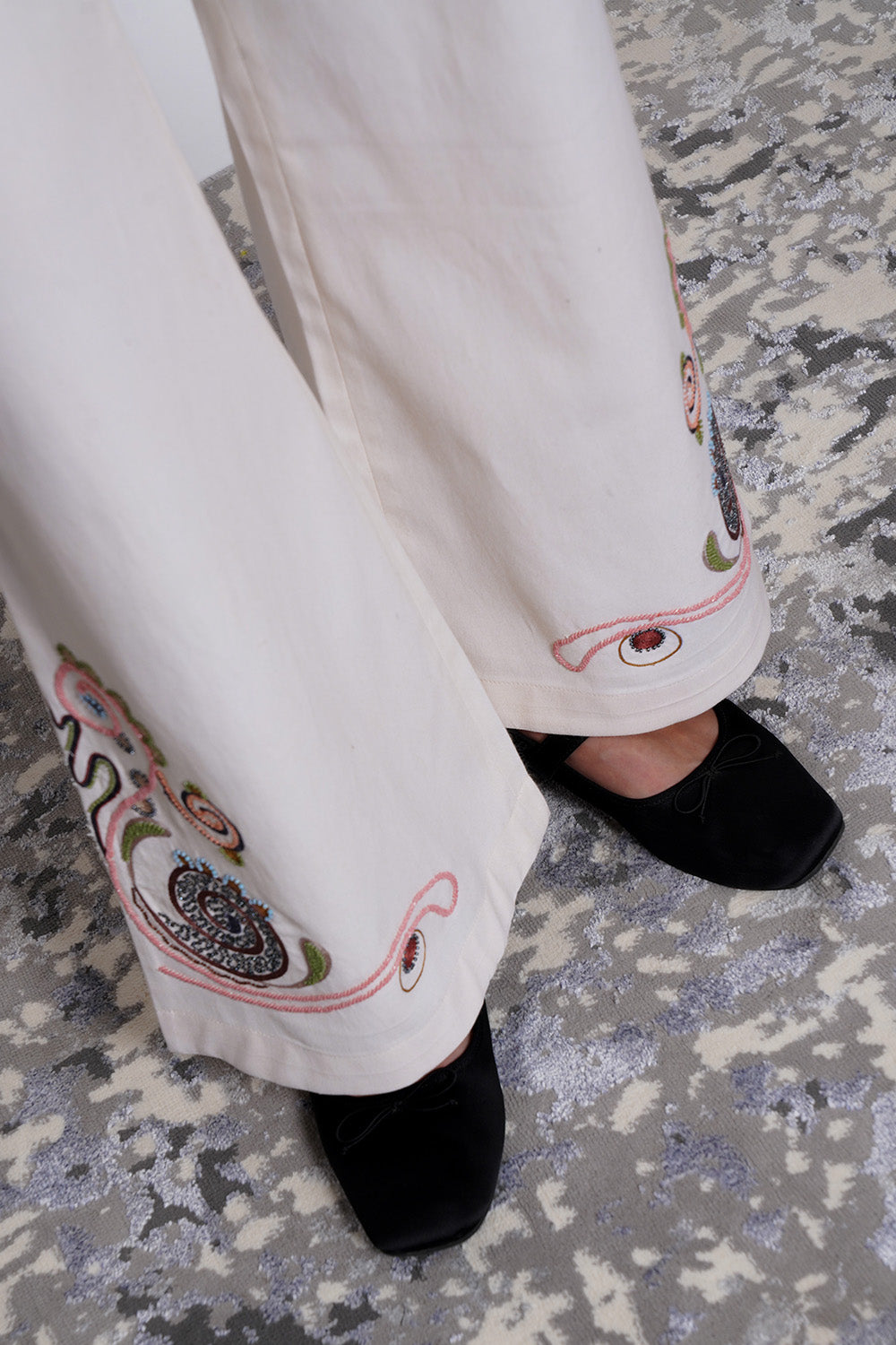 Ivory Embroidered Cotton Tencel Pants