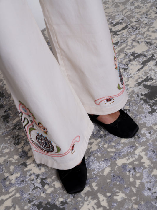 Ivory Embroidered Cotton Tencel Pants