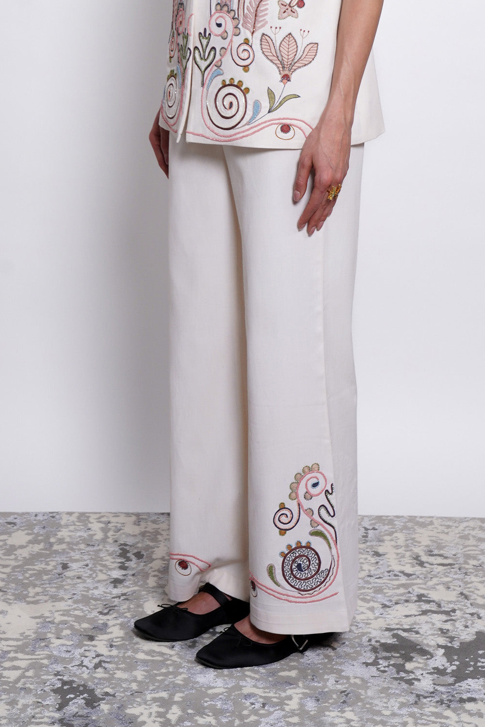 Ivory Embroidered Cotton Tencel Pants