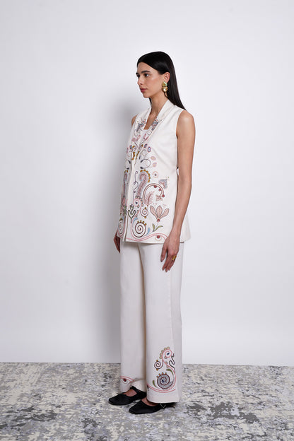 Ivory Embroidered Cotton Tencel Pants