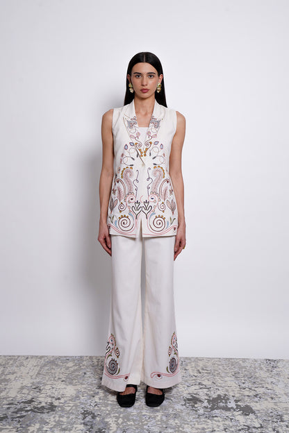 Ivory Embroidered Cotton Tencel Pants