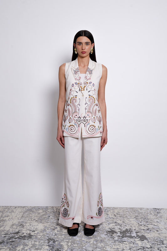 Ivory Embroidered Cotton Tencel Pants