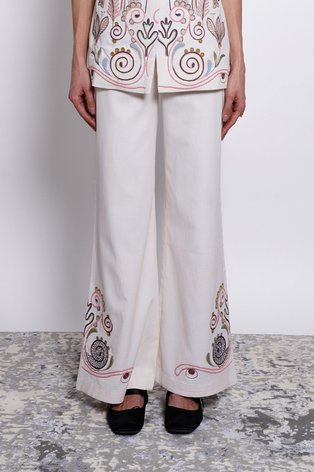 Ivory Embroidered Cotton Tencel Pants