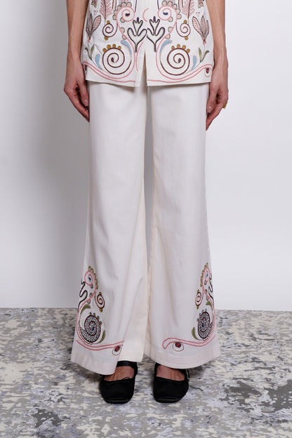 Ivory Embroidered Cotton Tencel Pants