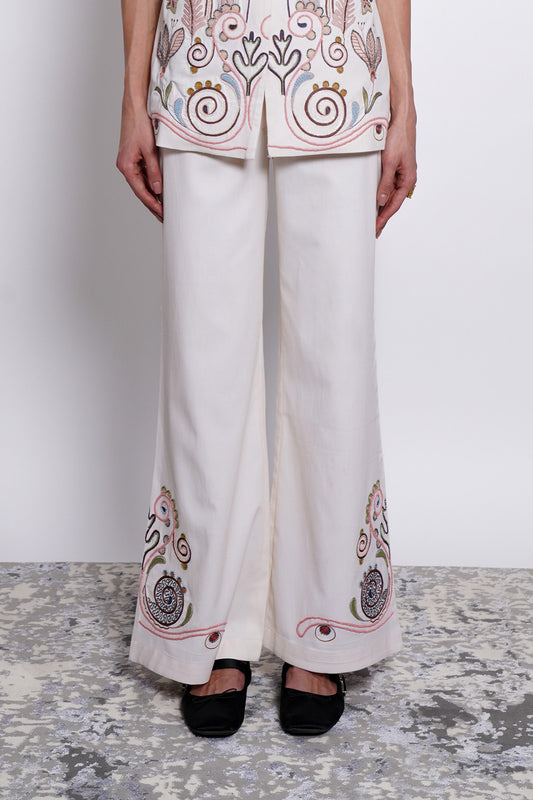 Ivory Embroidered Cotton Tencel Pants