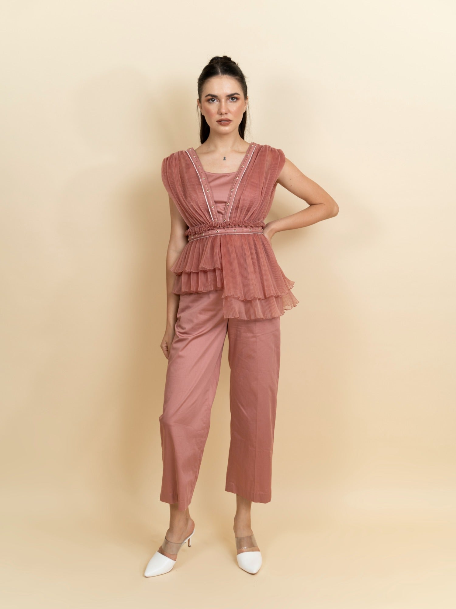 Draped organza pleated top with pants. (Blush pink) image 2