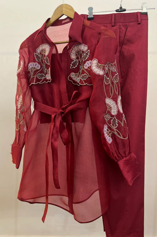 Ruby red organza trench with inner and pants