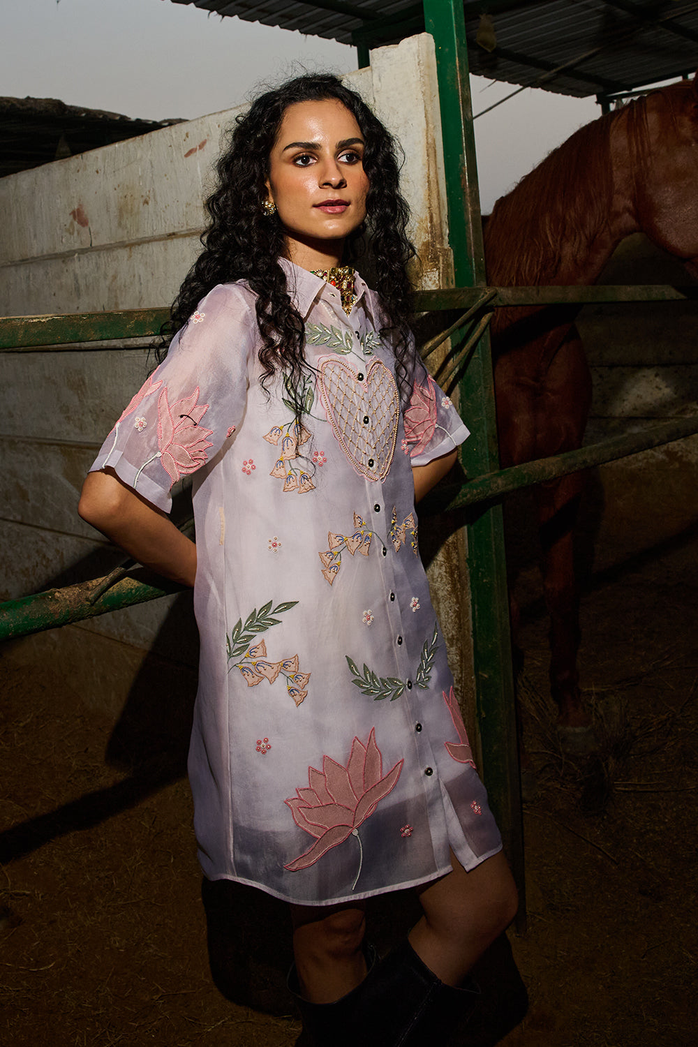 Cream Meadow Organza Shirt Dress