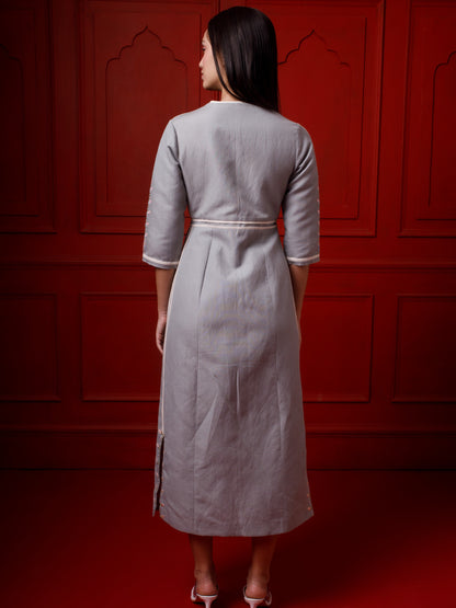 Embroidered ankle length gray cotton linen dress. image 1