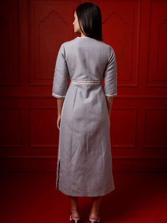 Embroidered ankle length gray cotton linen dress. image 1