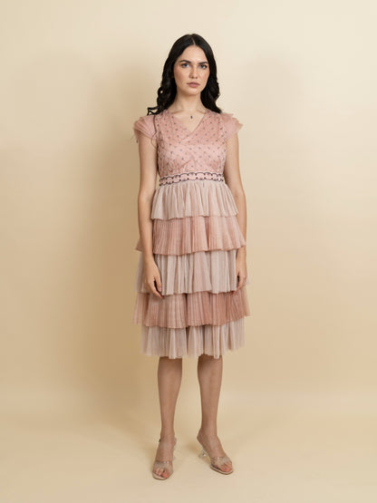 Multi layered pleated dress with fully embroidered bodice. image 1