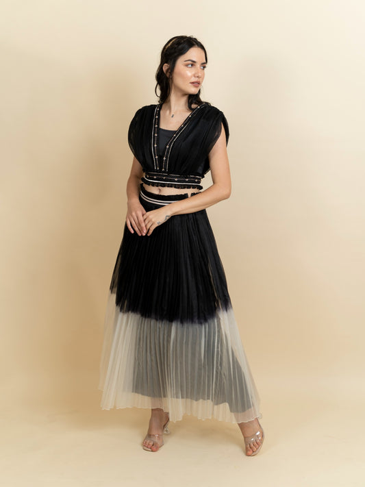 Draped organza top with pleated skirt. (Black) image 0