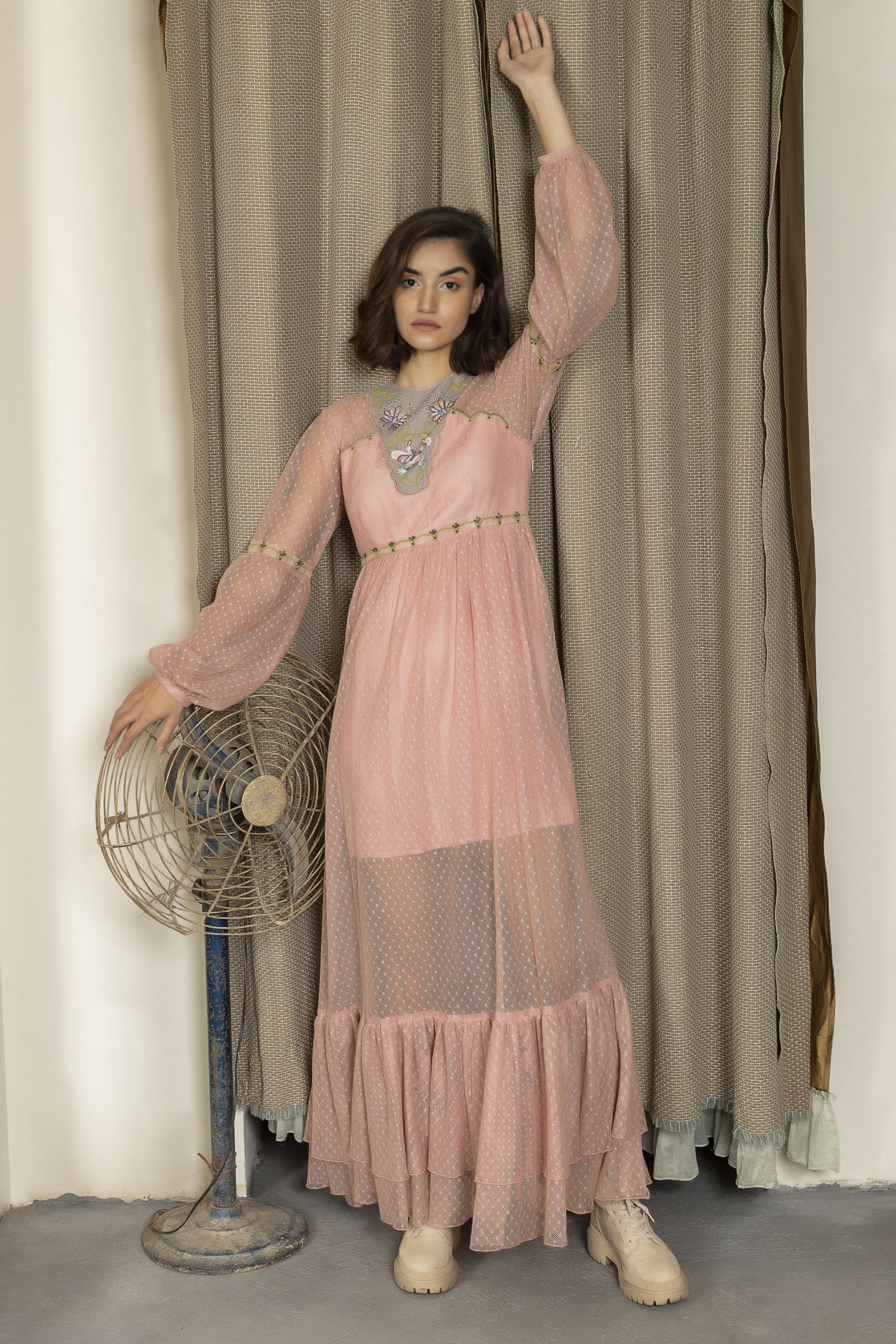 Embroidered neck fish-net full gown. image 2