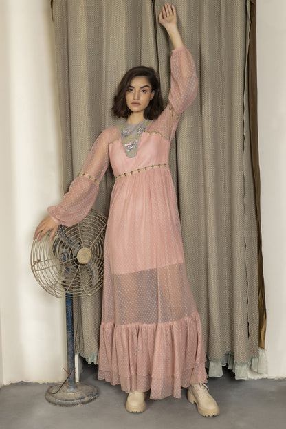Embroidered neck fish-net full gown. image 2
