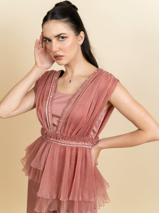 Draped organza pleated top with pants. (Blush pink) image 0