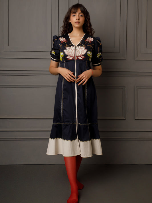 Front embroidered cotton satin dress (blue). image 1