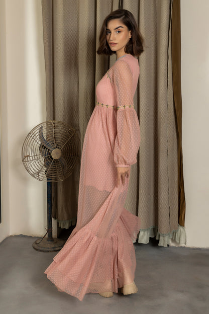 Embroidered neck fish-net full gown. image 4