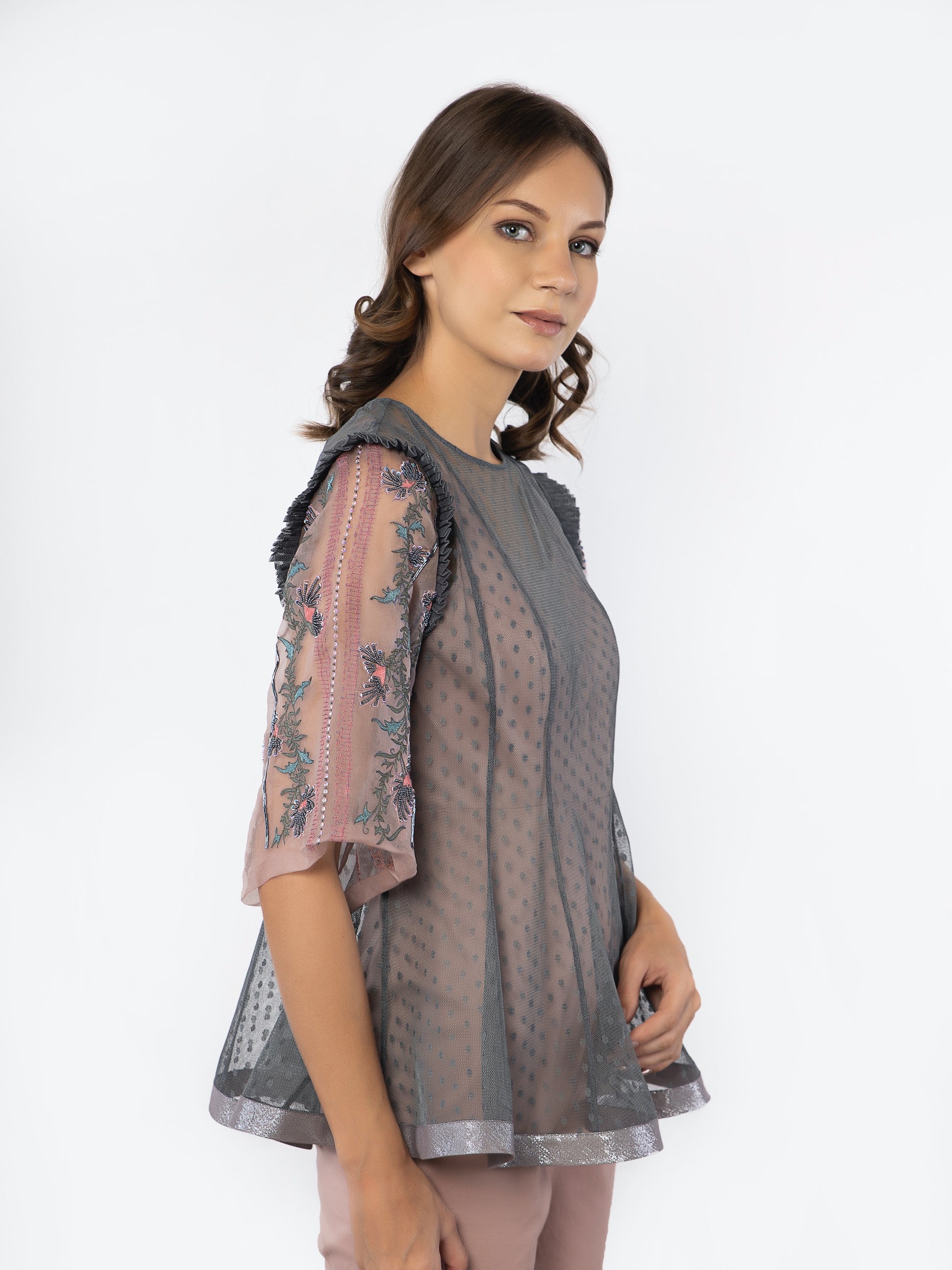 Blue shear top with rose gold jumpsuit. image 3