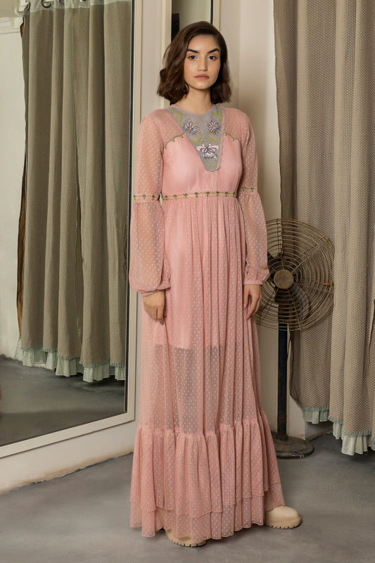 Embroidered neck fish-net full gown. image 0