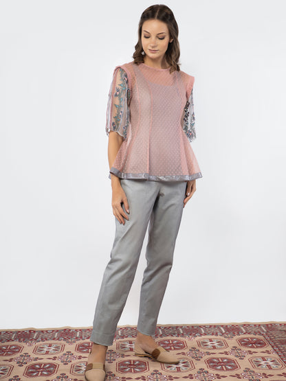 Vintage pink shear top with grey jumpsuit. image 3