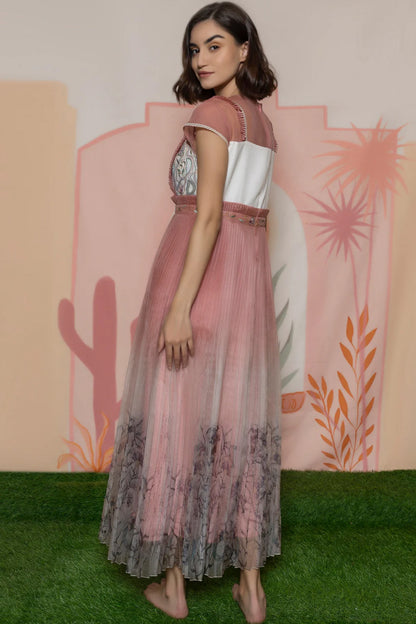 Pink organza print-pleated gown.