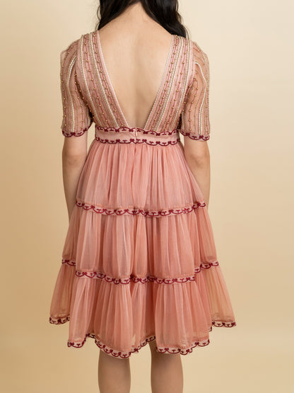 Golden galaxy embroidery in narrow pleated dress. image 3