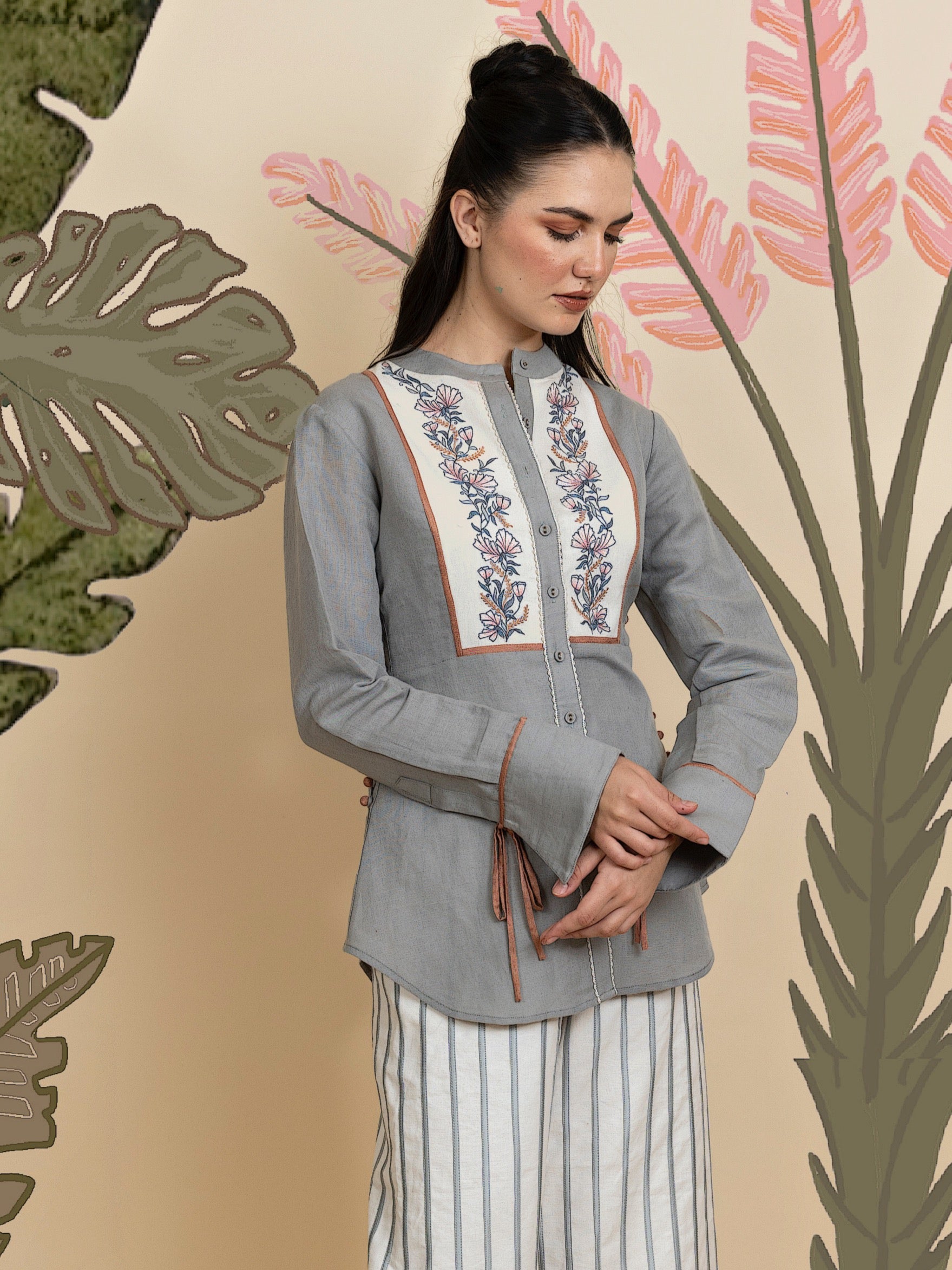 Floral embroidered top with pants. image 1
